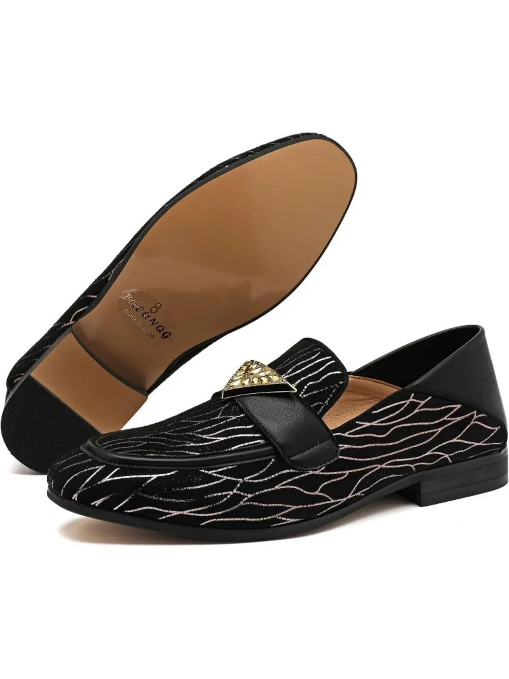 FQEQNQG Men's Black Velvet Loafers Metal Buckle Shiny Slip On Classic Shoes